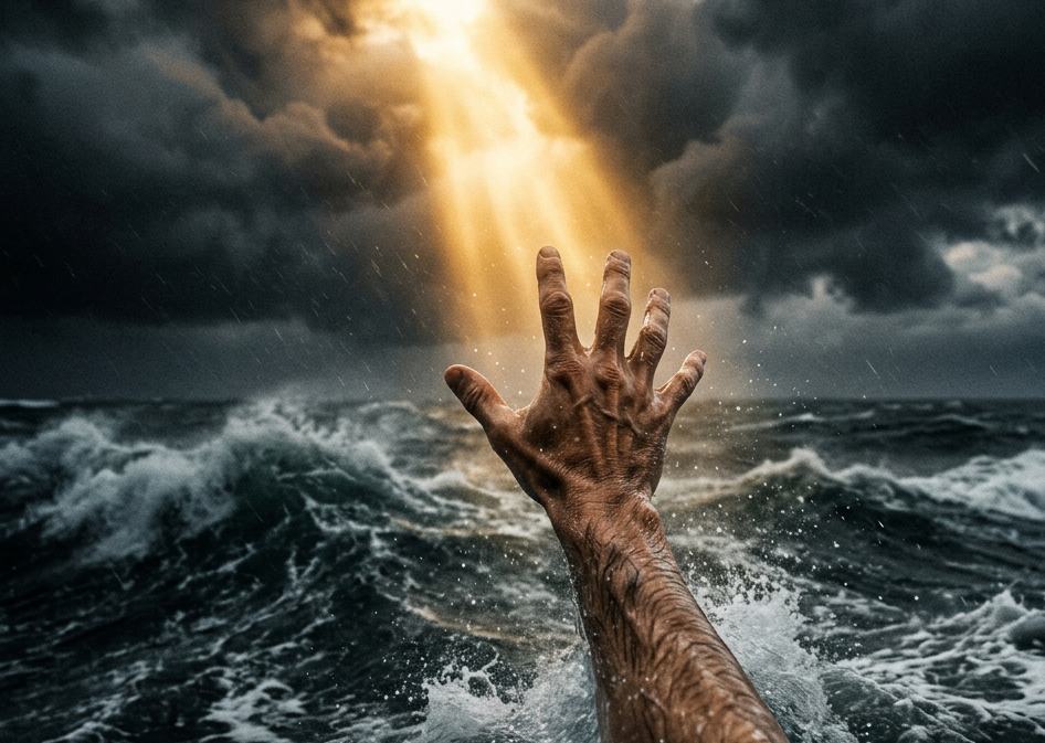 A hand extended upward from stormy ocean waves toward a golden beam of light breaking through dark clouds.