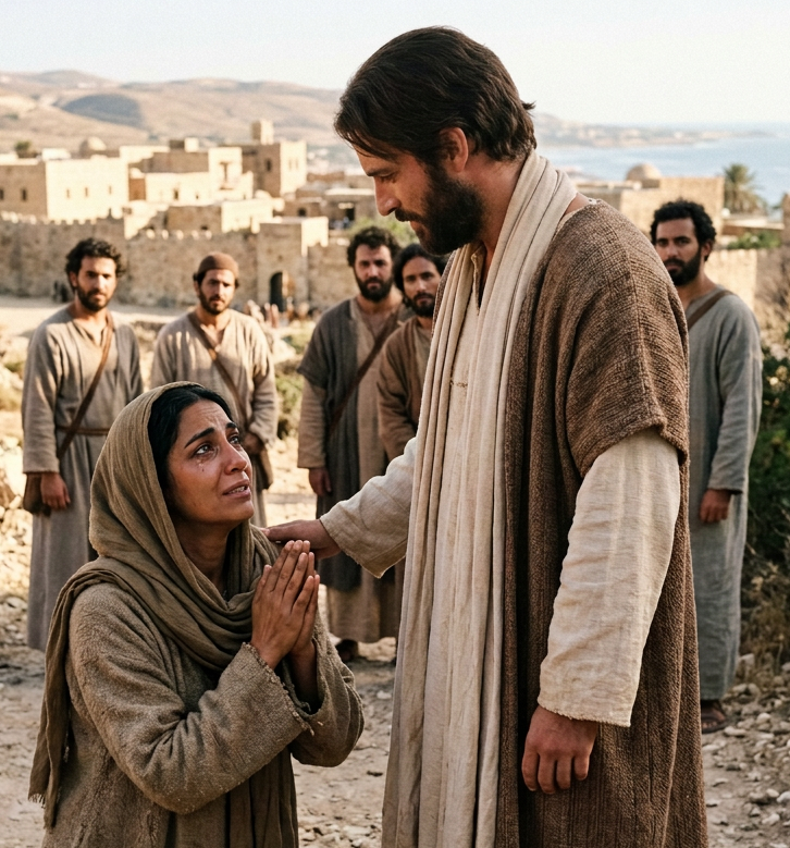 Compassionate encounter in ancient coastal village Kneeling woman reaches toward a robed man with companions nearby