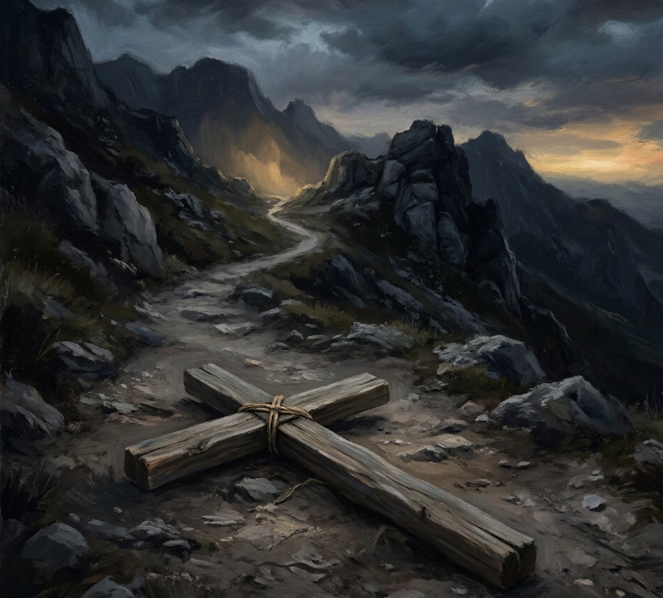 Wooden cross lying on a rocky mountain trail beneath storm clouds