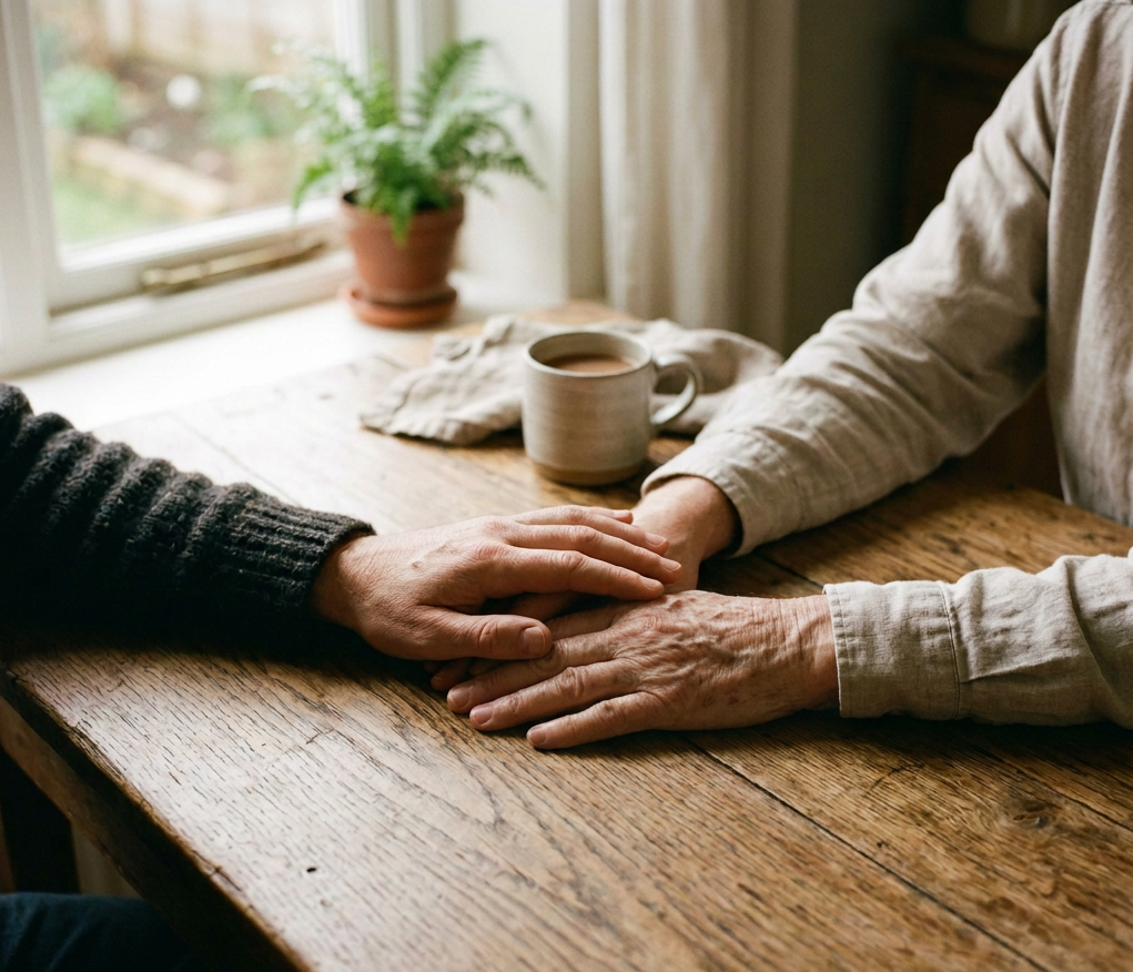 Two people holding hands across a wooden table beside coffee